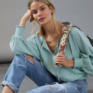 Anthropologie Rebecca Smocked Mint Green Peasant Top S